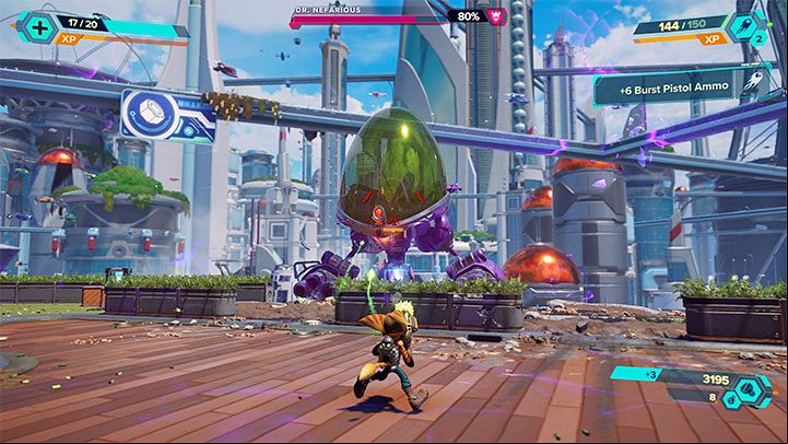 You can attack Nefarious with any of your weapons, with Multi-shot allowing you to fire from a greater distance - Ratchet & Clank Rift Apart: Doctor Nefarious, Prologue, Corson V - how to defeat the boss? - Bosses - Ratchet & Clank Rift Apart Guide