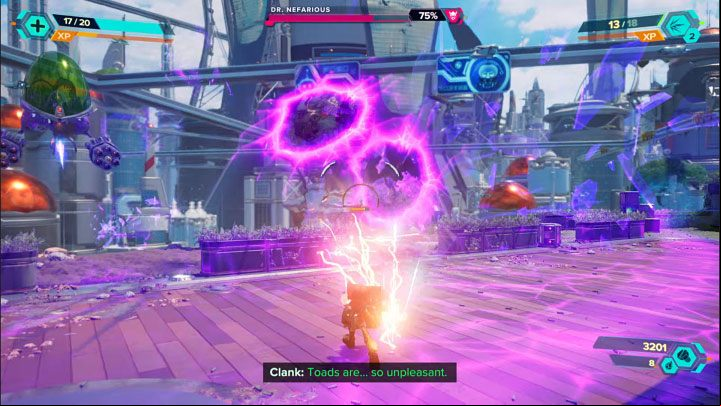 Each time Nefarious takes enough damage, he will move away from the battlefield and call for reinforcements that will arrive from the chasms - Ratchet & Clank Rift Apart: Doctor Nefarious, Prologue, Corson V - how to defeat the boss? - Bosses - Ratchet & Clank Rift Apart Guide