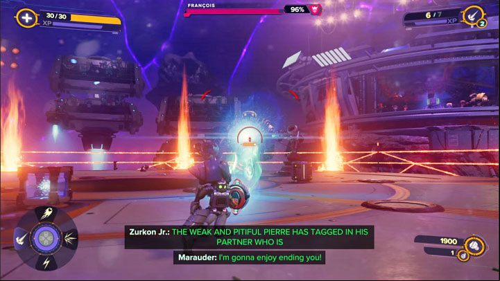 During the duel with Francois, similarly to other boss fights, it is good to use weapons that are effective at medium and long distance - Ratchet & Clank Rift Apart: Francois, Scarstu Debris Field - how to defeat the boss? - Bosses - Ratchet & Clank Rift Apart Guide