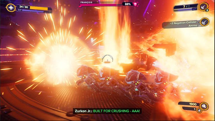 At the same time, watch out for the flames that spurt from time to time in the arena - Ratchet & Clank Rift Apart: Francois, Scarstu Debris Field - how to defeat the boss? - Bosses - Ratchet & Clank Rift Apart Guide