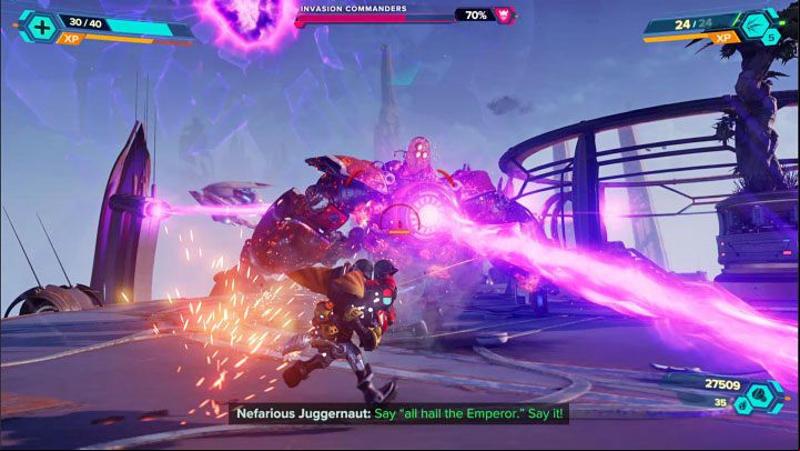 During the fight, try to look for opportunities to fire at the exposed boss cores installed on their chests - Ratchet & Clank Rift Apart: Invasion Commanders, Savali - how to defeat? - Bosses - Ratchet & Clank Rift Apart Guide