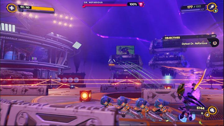 During the first phase (out of four), your task will be to get his health bar down from 100 down to 80% - Ratchet & Clank Rift Apart: Meet Ratchet in Gastropub - walkthrough - Scarst debris cloud - back - Ratchet & Clank Rift Apart Guide