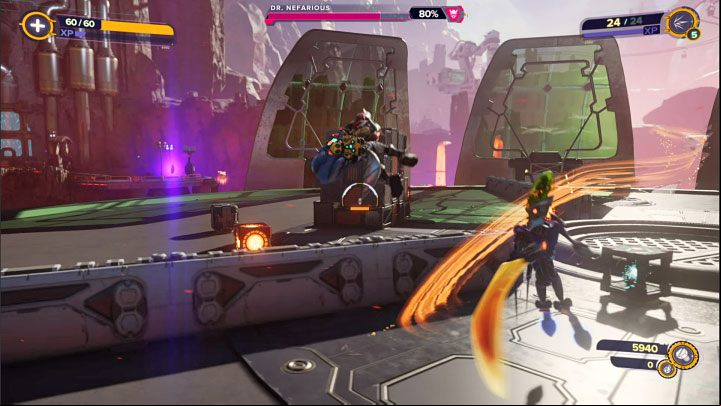 In the second phase of the battle, you have to drop Dr - Ratchet & Clank Rift Apart: Meet Ratchet in Gastropub - walkthrough - Scarst debris cloud - back - Ratchet & Clank Rift Apart Guide