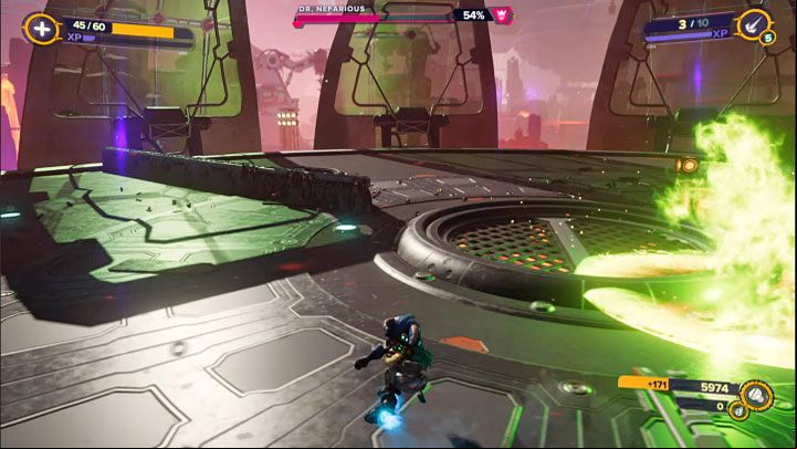 Nefarious' new attack will include bombarding the arena with green missiles - Ratchet & Clank Rift Apart: Meet Ratchet in Gastropub - walkthrough - Scarst debris cloud - back - Ratchet & Clank Rift Apart Guide
