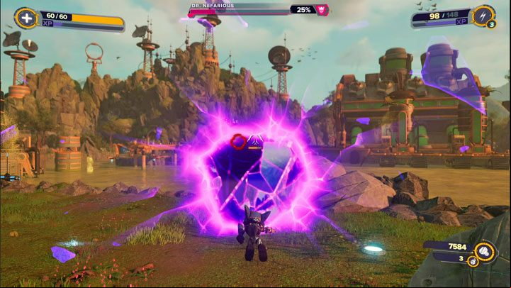 Don't forget to destroy nearby crates in order to renew your health and ammunition supplies - Ratchet & Clank Rift Apart: Meet Ratchet in Gastropub - walkthrough - Scarst debris cloud - back - Ratchet & Clank Rift Apart Guide