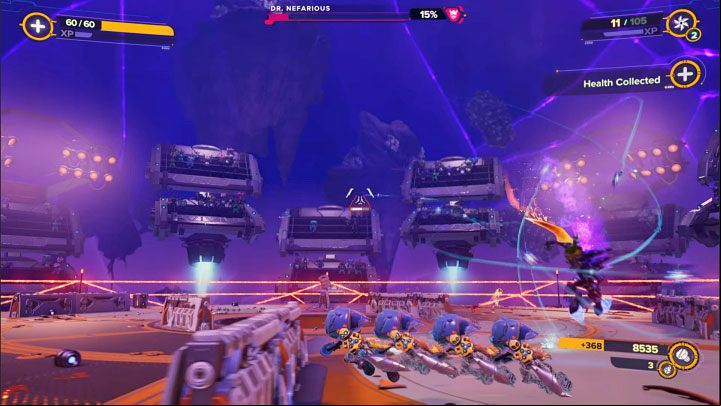 During battles, again watch out for red boxes, which can be a convenience (weakening bosses and surrounding enemies) or a hindrance (accidentally detonating near Rivet) - Ratchet & Clank Rift Apart: Meet Ratchet in Gastropub - walkthrough - Scarst debris cloud - back - Ratchet & Clank Rift Apart Guide