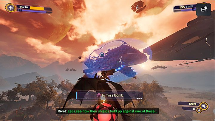 After picking up a bomb, start flying towards any enemy ship with an active force field - Ratchet & Clank Rift Apart: Destroy Nefarious ships - walkthrough - Return to Sargasso - Ratchet & Clank Rift Apart Guide