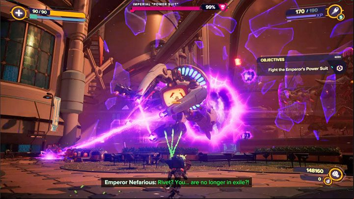 In the first part of the final battle, you will have to defeat the Imperial Power Suit - Ratchet & Clank Rift Apart: Begin the finale and defeat the final boss - walkthrough - Final confrontation - Ratchet & Clank Rift Apart Guide