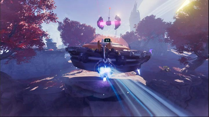 Once you are in the air, aim for the flying saucer and be ready to attach yourself to the UFO by pressing L1 - Escaping UFO - how to stop it? - FAQ - Ratchet & Clank Rift Apart Guide