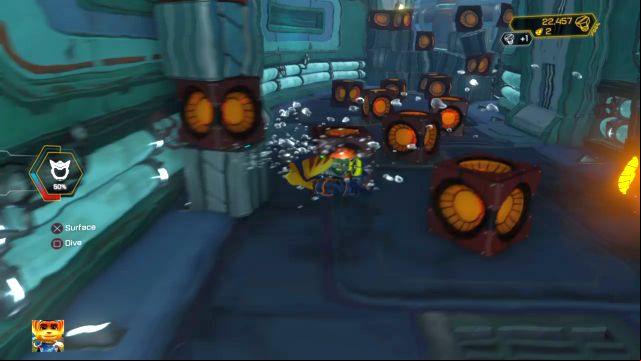 Cause a chain reaction which will clear the water of any exploding boxes. - Ratchet & Clank: Planet Pokitaru - Walkthrough - Walkthrough - Ratchet and Clank Game Guide & Walkthrough