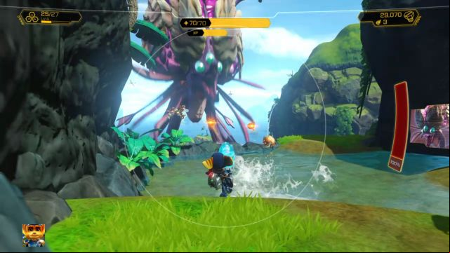 After eliminating the enemy a Gold Bolt will appear on the edge. - Ratchet & Clank: Planet Pokitaru - Walkthrough - Walkthrough - Ratchet and Clank Game Guide & Walkthrough