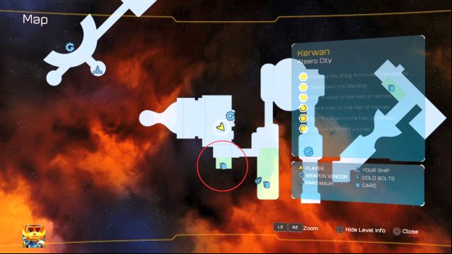 The location of the card is marked with the red circle. - Ratchet & Clank: RYNO holocards - list - Collectibles - Ratchet and Clank Game Guide & Walkthrough