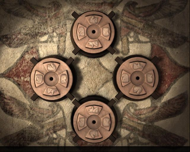 Now go back to the door with discs and set them in the following way: baboon on top, jackal on the right, falcon on the left, human on the bottom - Museum p.1| Chapter 4 - Cairo - Chapter 4 - Cairo - The Raven Remastered Game Guide