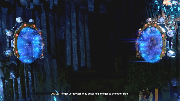 The rings charge Joules exoskeleton, which again allows her to jump and sprint without landing - Mission 3: Status Check | Walkthrough - Walkthrough - ReCore Game Guide