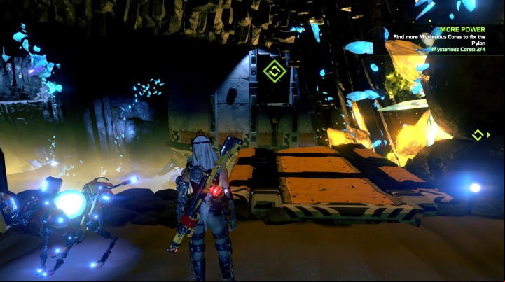 To get to the other side use a combo: sprint-jump-sprint. - Mission 3: Status Check | Walkthrough - Walkthrough - ReCore Game Guide