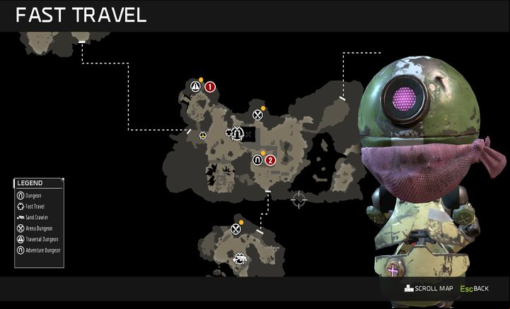 The spots marked on the map are only dungeons, aside from the Pylon, for which you meet the requirements. - Mission 4: Whispers in the Sand | Walkthrough - Walkthrough - ReCore Game Guide
