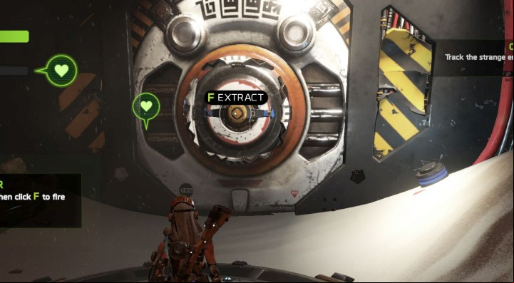 To unlock the gate, you need to hold the F button until the sphere on the wire reaches Joule - Mission 1: On the Hunt | Walkthrough - Walkthrough - ReCore Game Guide