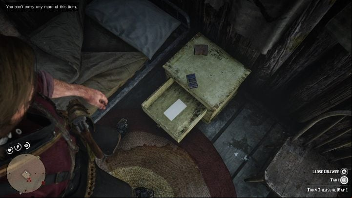 The first part of the map is hidden in the drawer next to the bed - Red Dead Redemption 2: Mended Treasure Map - how to get the treasure? - Treasure Maps - Red Dead Redemption 2 Guide