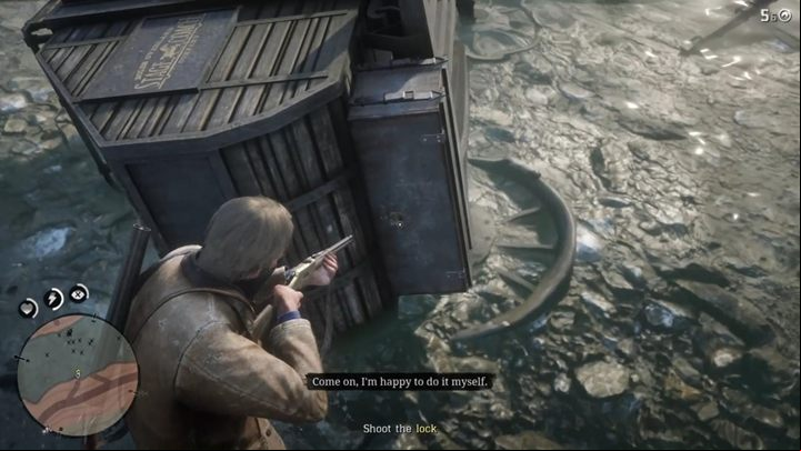 Approach the wagon, aim at the lock and shoot it to open the chest - Red Dead Redemption 2: An American Pastoral Scene - walkthrough - Chapter 2 - Horseshoe Overlook - Red Dead Redemption 2 Guide