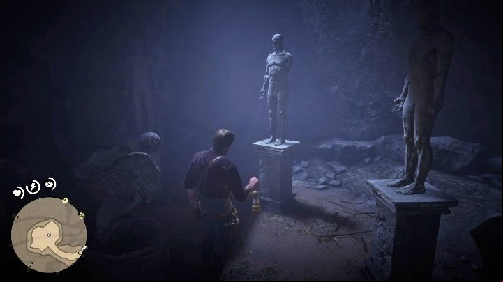 To solve this puzzle you have to check the fingers on each of the statues - Red Dead Redemption 2: Gold bar - how to get, where to sell? - Exploring the game world - Red Dead Redemption 2 Guide