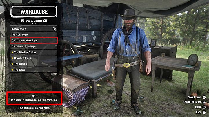 The most important outfits in the game are those intended for use at high and low temperatures - Red Dead Redemption 2: Changing clothes - how, why do it? - Arthur and Dutchs gang - Red Dead Redemption 2 Guide