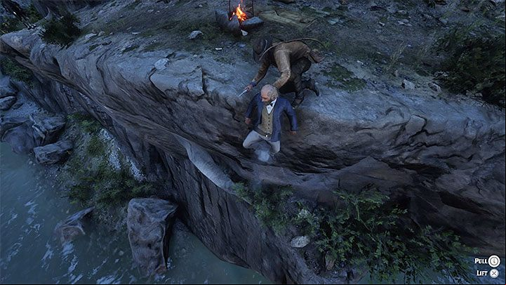 You now have to pull Benedict so he wont fall into water - Red Dead Redemption 2: Good, Honest, Snake Oil - Bounty Hunting Mission - Valentine - Red Dead Redemption 2 Guide