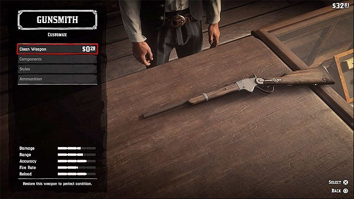 If you dont have Gun Oil, you can also visit any of the Gunsmiths and pay for cleaning your weapon - Red Dead Redemption 2: Weapon - how to repair? - Combat - Red Dead Redemption 2 Guide