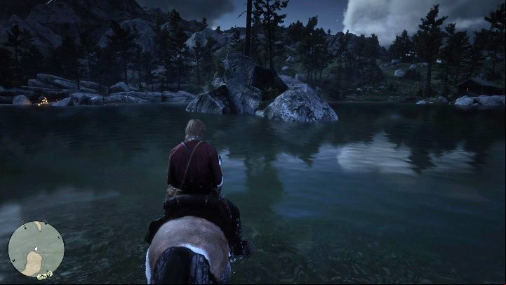 In the middle of the lake, there is a small rocky island, swim to it - Red Dead Redemption 2: Jack Hall Gang Treasure Map - how to get the treasure? - Treasure Maps - Red Dead Redemption 2 Guide