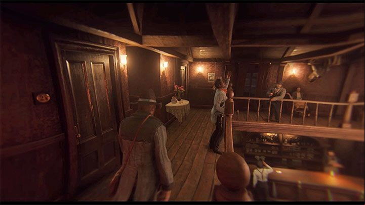 After the first set of drinks Arthur has to go on the upper floor - Red Dead Redemption 2: A Quiet Time - walkthrough - Chapter 2 - Horseshoe Overlook - Red Dead Redemption 2 Guide