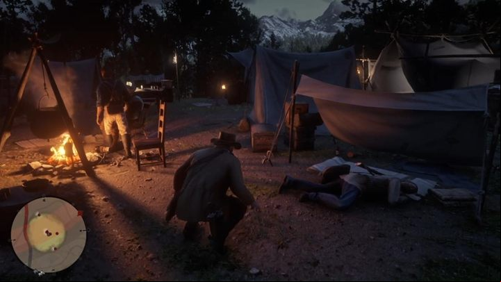 Move behind the backs of the enemies sitting near the campfire - Red Dead Redemption 2: Archeology for Beginners - walkthrough - Chapter 6 - Beaver Hollow - Red Dead Redemption 2 Guide