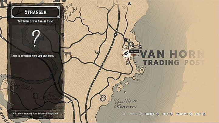 Head to the quest marker presented on the map - it appears in the saloon in Van Horn Trading Post - Red Dead Redemption 2: The Smell of the Grease Paint - walkthrough, map - Side quests - Red Dead Redemption 2 Guide