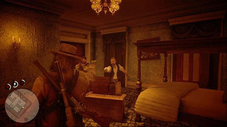 You are now inside - use the Dead Eye, aim at Gareths and Geralds heads and kill them - Red Dead Redemption 2: Blood Feuds, Ancient and Modern - walkthrough - Chapter 3 - Clemens Point - Red Dead Redemption 2 Guide