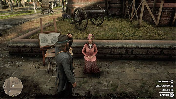 Chat with the woman and youll find out that shes running a fund to expand the Memorial Hall - Red Dead Redemption 2: Minor side quests, stranger quests walkthrough, map - Side quests - Red Dead Redemption 2 Guide