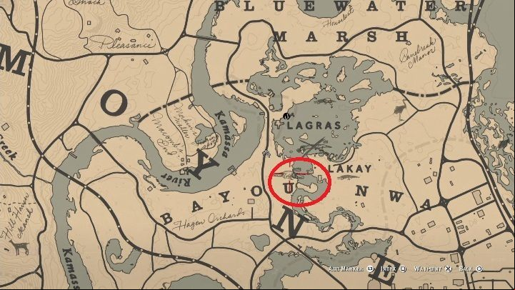 The Bull Gator moves in the area marked in the picture above - Red Dead Redemption 2: Legendary Bull Gator - maps, tips - Legendary Animals - Red Dead Redemption 2 Guide