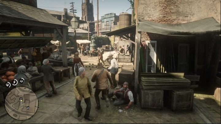 Youll eventually reach the market - if you havent caught the young man before, youll find him close to one of the stalls - Red Dead Redemption 2: The Joys of Civilization - walkthrough - Chapter 4 - Shady Belle - Red Dead Redemption 2 Guide