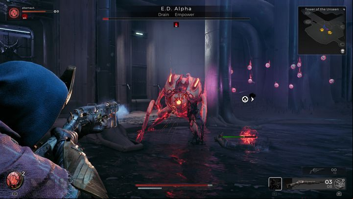In the arena, up to several flying eyes may appear, which will shoot lasers often - Remnant 2: How to beat E.D. Alpha? - Nerud - Remnant 2 Guide
