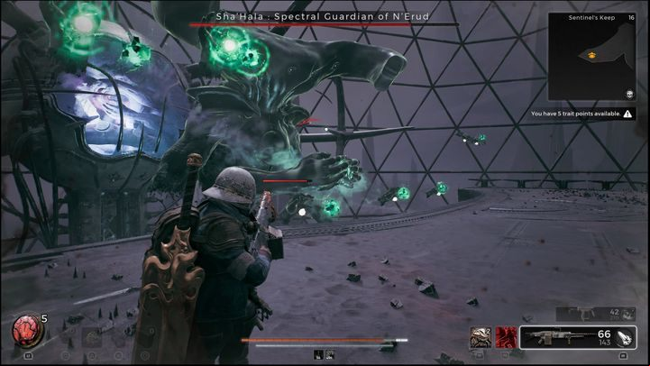 If Sha'Hala starts summoning green projectiles, stand at the edge of the arena and fire at the orbs closest to you - Remnant 2: How to beat ShaHala Spectral Guardian of NErud? - Nerud - Remnant 2 Guide