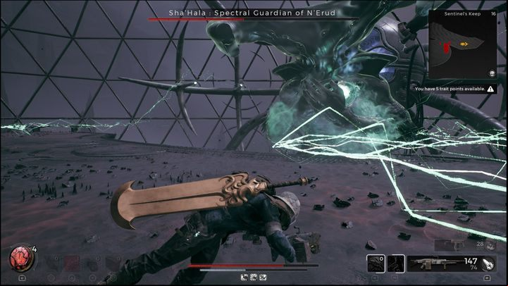 The lightning bolts don't deal damage immediately - this serves as an attack tell - Remnant 2: How to beat ShaHala Spectral Guardian of NErud? - Nerud - Remnant 2 Guide