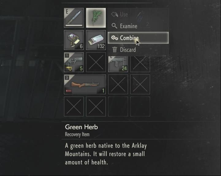 To produce medication or ammunition, open your equipment and on a given herb or powder container select Combine and select a second compatible item - How to create meds and ammunition in Resident Evil 2? - Survival guide - Resident Evil 2 Guide