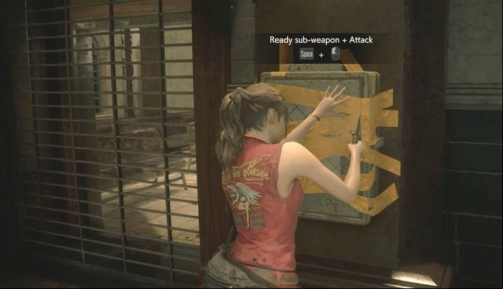 Use the knife, the same one you got from Marvin in the main hall, to cut the tape on the second switch (this gate is on the right) - Get the blue key (spades) task | Police station in Resident Evil 2 - Walkthrough - Resident Evil 2 Guide