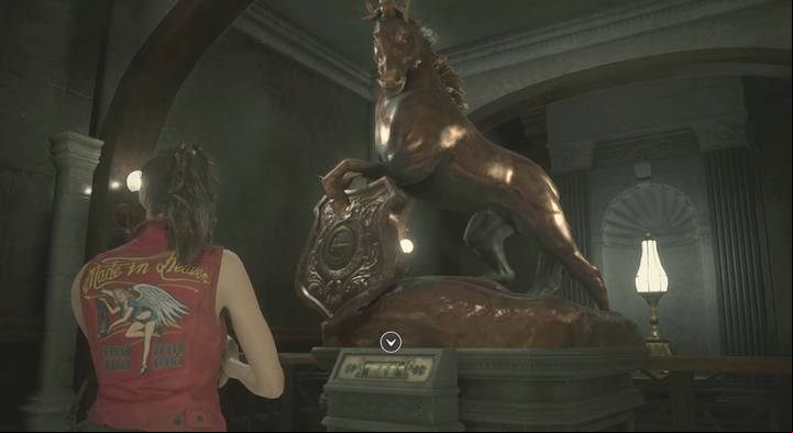 The unicorns statue behind the library. - Collect 3 medallions task | Police station in Resident Evil 2 - Walkthrough - Resident Evil 2 Guide