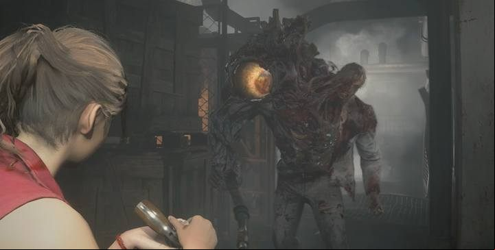 Aim at the big yellow eye - this is the only spot where you can deal damage to the enemy. - Undergrounds and the first boss | Police station in Resident Evil 2 - Walkthrough - Resident Evil 2 Guide
