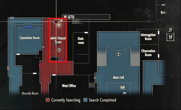 You must now reach the Safety Deposit Room, which is also located on floor 1F of the police station - How to get a shotgun (Leon) in Resident Evil 2? - FAQ - Resident Evil 2 Guide