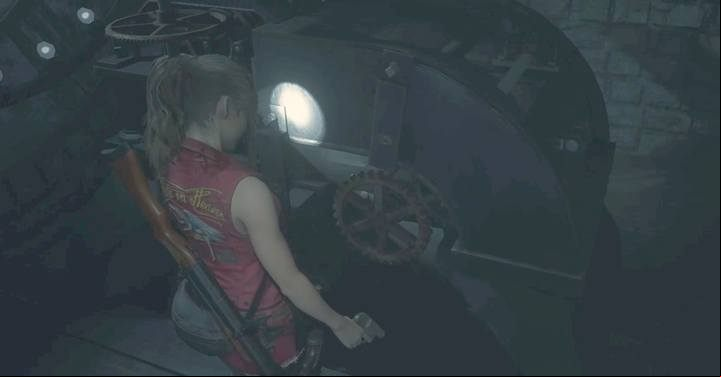 Take the large gear and go up the stairs - Escaping from the police station | Police station in Resident Evil 2 - Leons path - Resident Evil 2 Guide