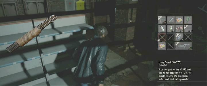 A long barrel - a shotgun upgrade found in the weapon shop. - Ada Wong - Leon | Sewers in Resident Evil 2 - Walkthrough - Resident Evil 2 Guide