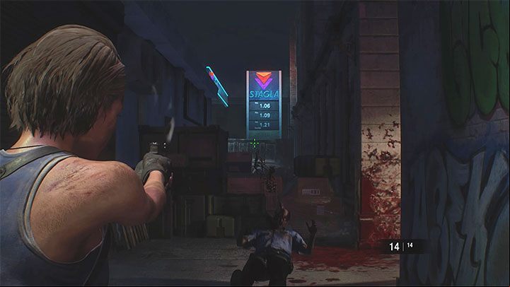 Watch out for the first zombie you encounter in Downtown - Resident Evil 3: Downtown walkthrough - Story walkthrough - Resident Evil 3 Guide
