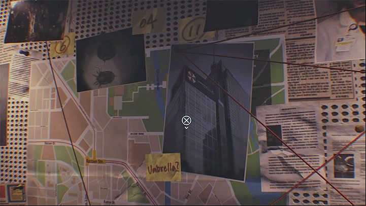 Investigation notes are attached to the middle of the board in Jills Apartment - Resident Evil 3: Jills Apartment secrets, collectibles - Collectibles and secrets - Resident Evil 3 Guide