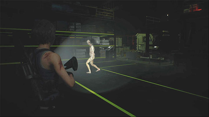 The first Pale Head zombie will appear - they are much more durable varieties of zombies, which on top of that can regenerate their health if left alone - Resident Evil 3: Warehouse fuses puzzle - Puzzle Solutions - Resident Evil 3 Guide