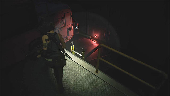 Run along the newly raised elevator and reach the ladder shown in the picture - Resident Evil 3: Warehouse fuses puzzle - Puzzle Solutions - Resident Evil 3 Guide