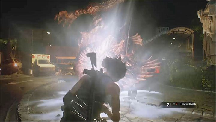 During the duel, Nemesis tends to use melee attacks - Resident Evil 3: Nemesis - Clock Tower Plaza boss fight - Nemesis boss fights - Resident Evil 3 Guide